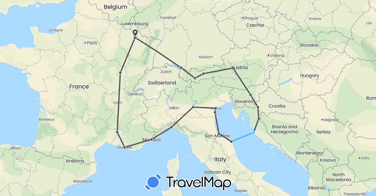 TravelMap itinerary: driving, boat, motorbike in Austria, Germany, France, Croatia, Italy, Monaco, Slovenia (Europe)